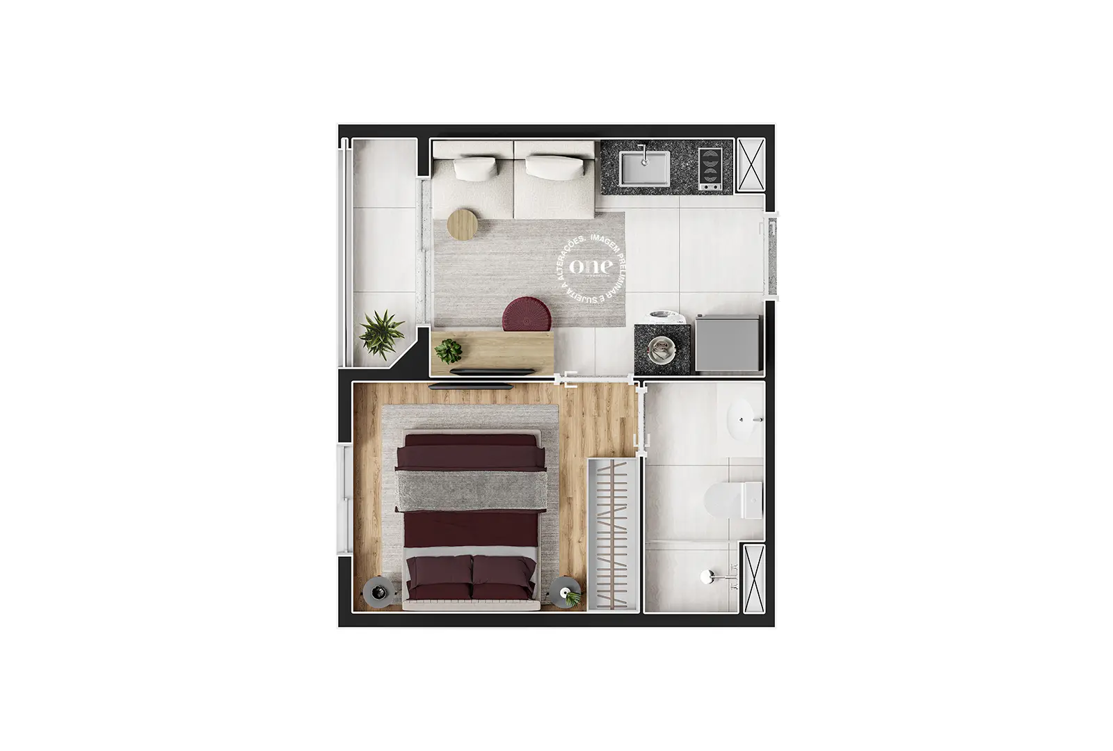 Planta 1 dormitório 24 m² Nex One Capote Valente