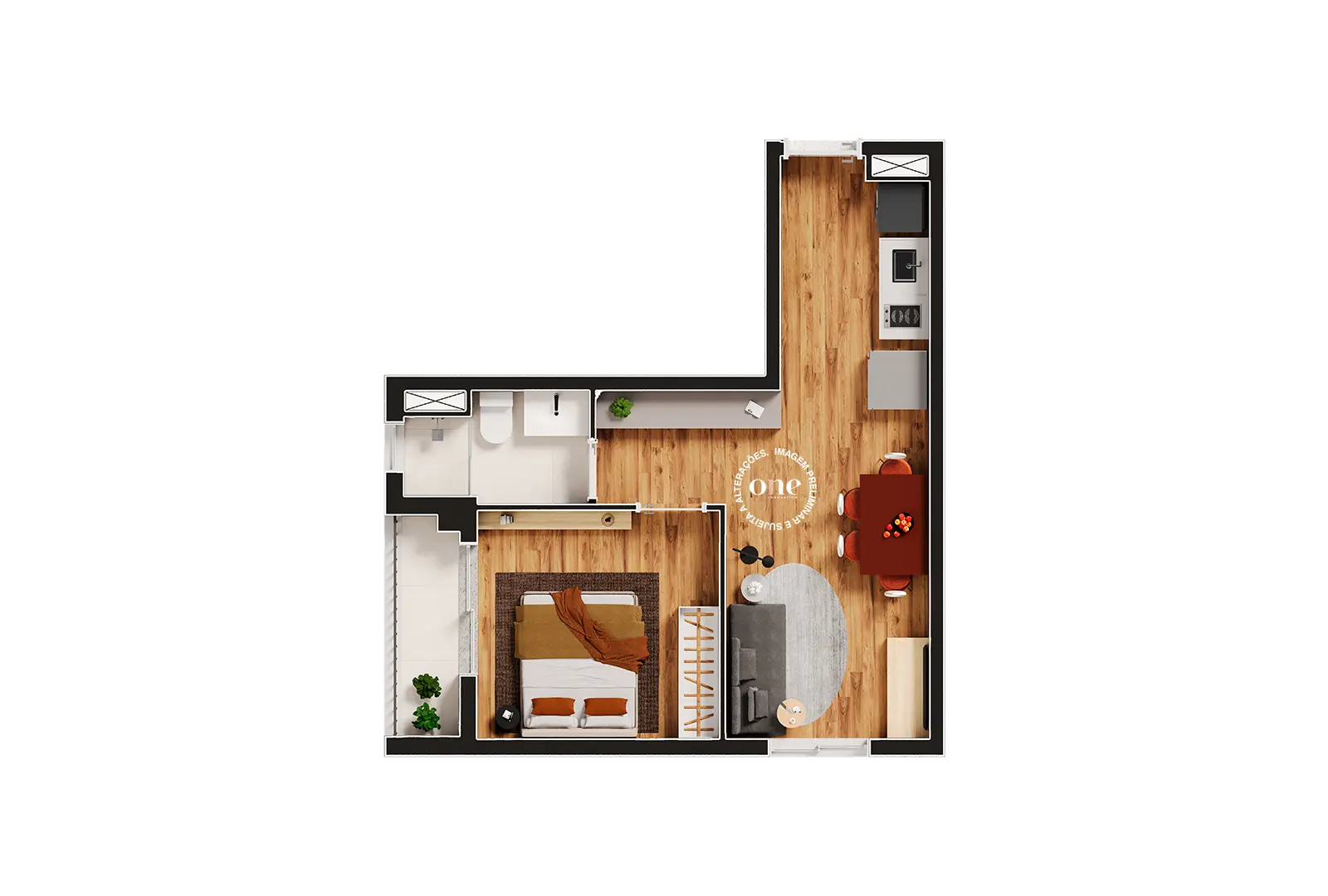 Planta 1 dormitório 27 m² Nex One Capote Valente